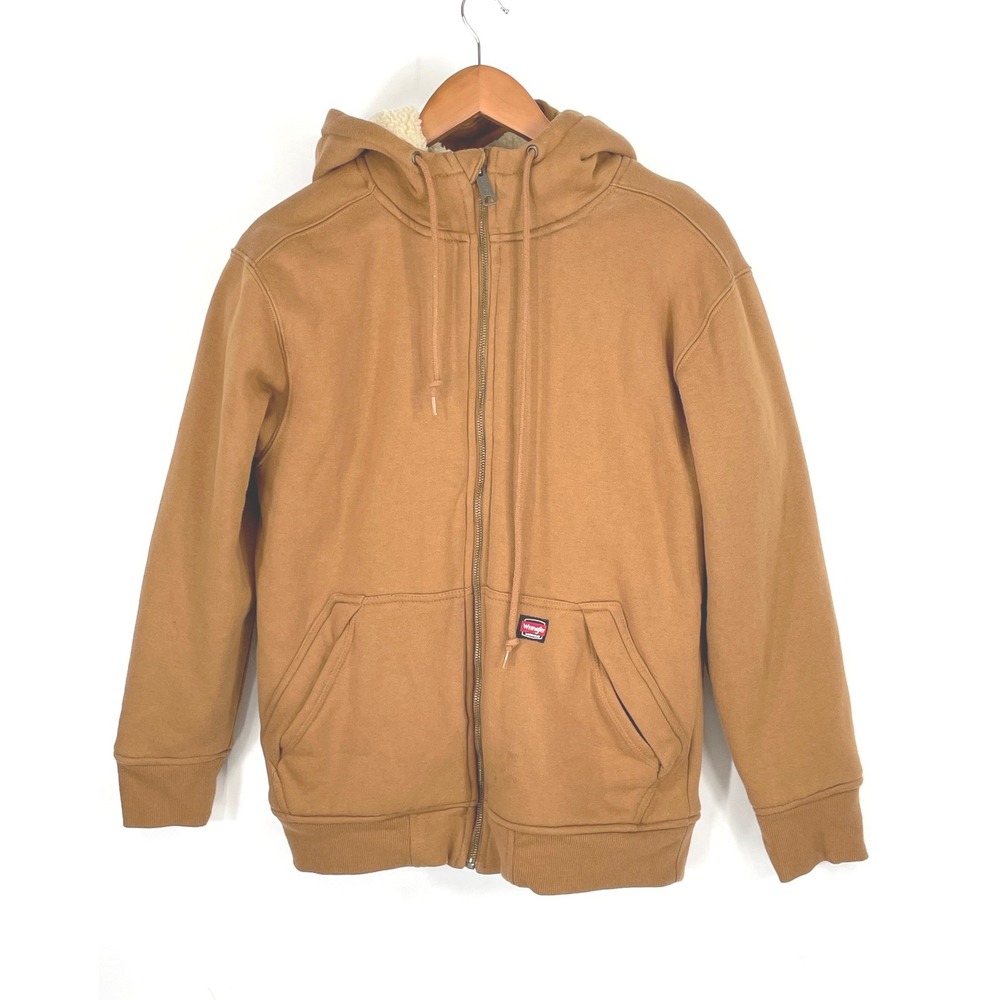 Wrangler Mens Hoodie Small Full Zip Brown Sherpa Lined Workwear Jacket Utility